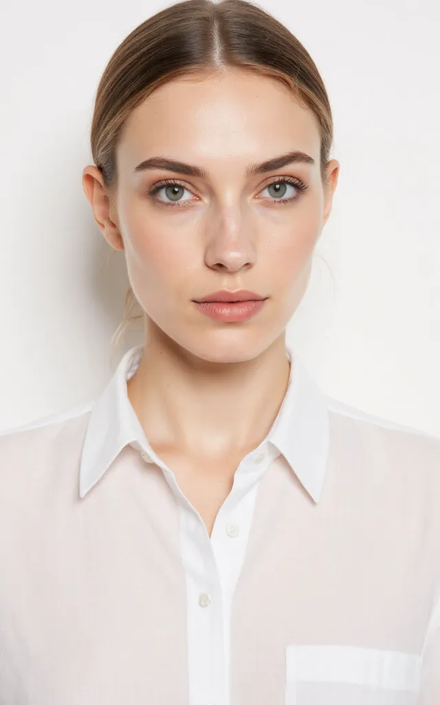 A French female model with a Summer   themed makeup style, wearing a shirt, against a white background, in a front   facing bust portrait